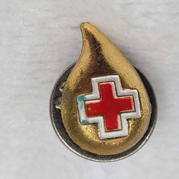 Vintage Ballou Red Cross Blood Drop Donor Lapel Pin Gold Tone Enamel USA - Picture 2 of 5
